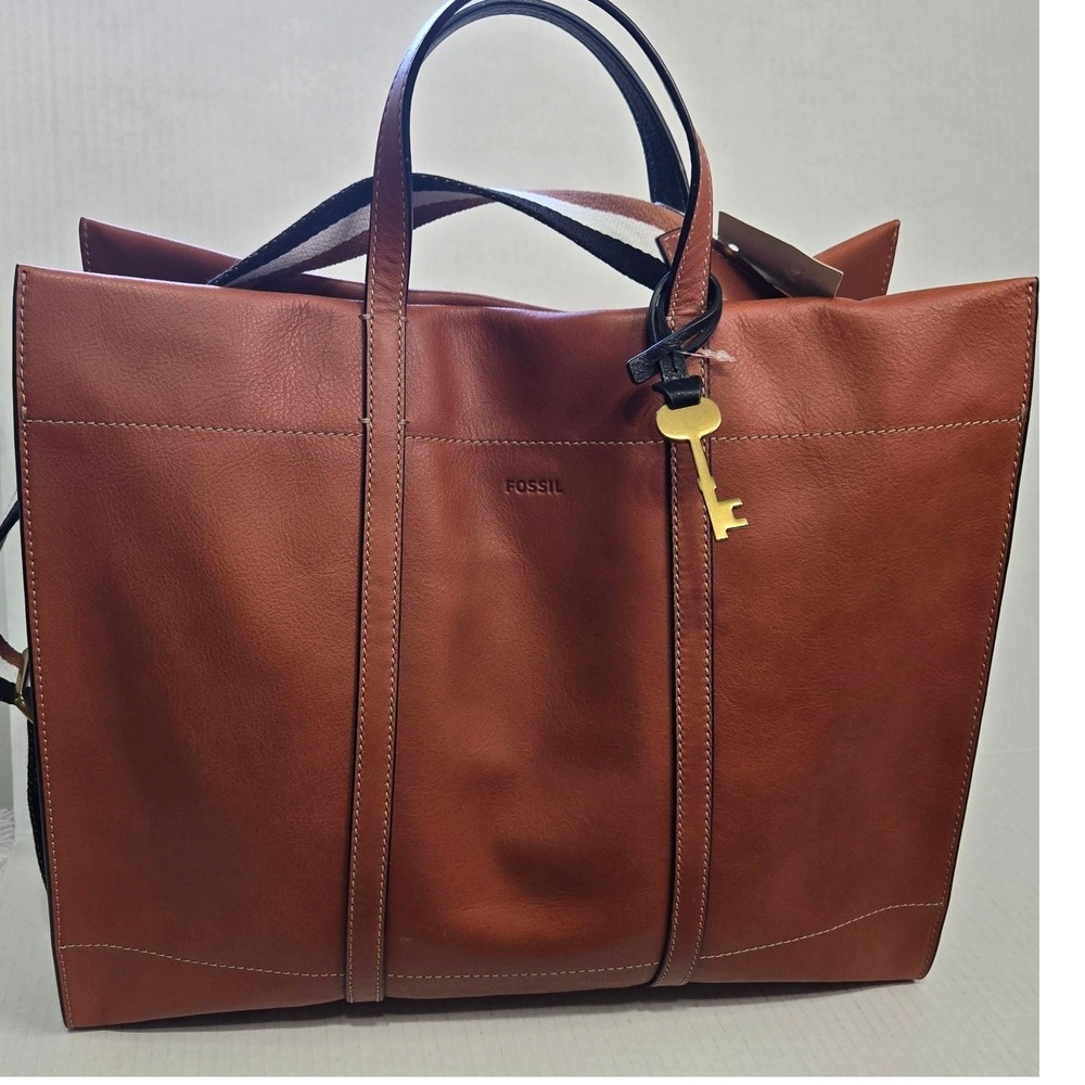 Fossil Brown Leather Tote with Striped Shoulder Strap - Picture 3 of 12